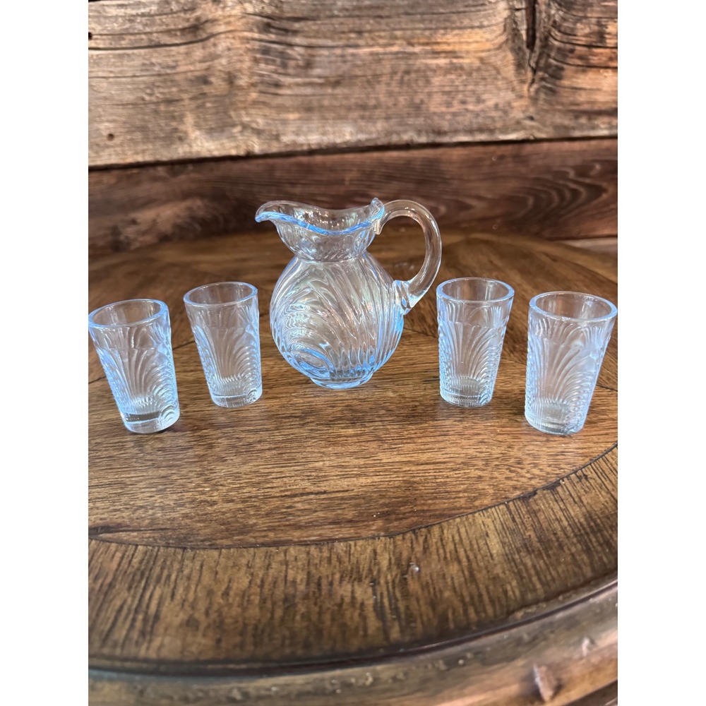 Vintage Mosser Glass Moonlight Blue Lindsey Miniature 5 Pc Child Toy Pitcher Set